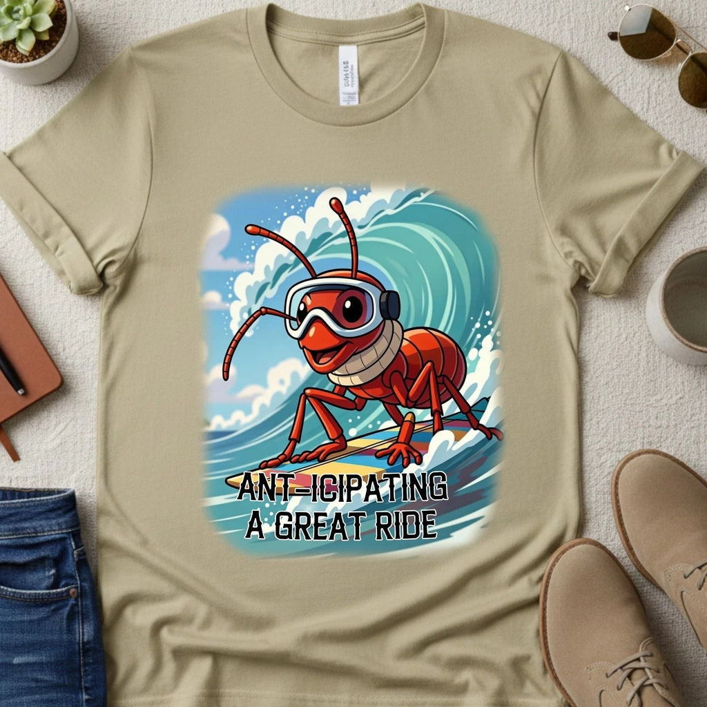 Anticipating a Great Ride Ant Surfing T-Shirt | Surfing Ant Cartoon Comic Unisex T-shirt, Sweatshirt, Hoodie, Long Sleeve Tee - T-Shirt, Sweatshirt, Hoodie