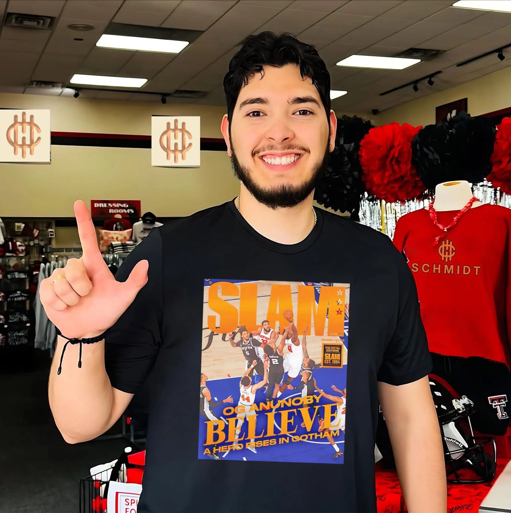 NY Knicks vs San Antonio Spurs SLAM OG Anunoby believe a hero rises in Gotham shirt Unisex T-shirt, Sweatshirt, Hoodie, Long Sleeve Tee - T-Shirt, Sweatshirt, Hoodie