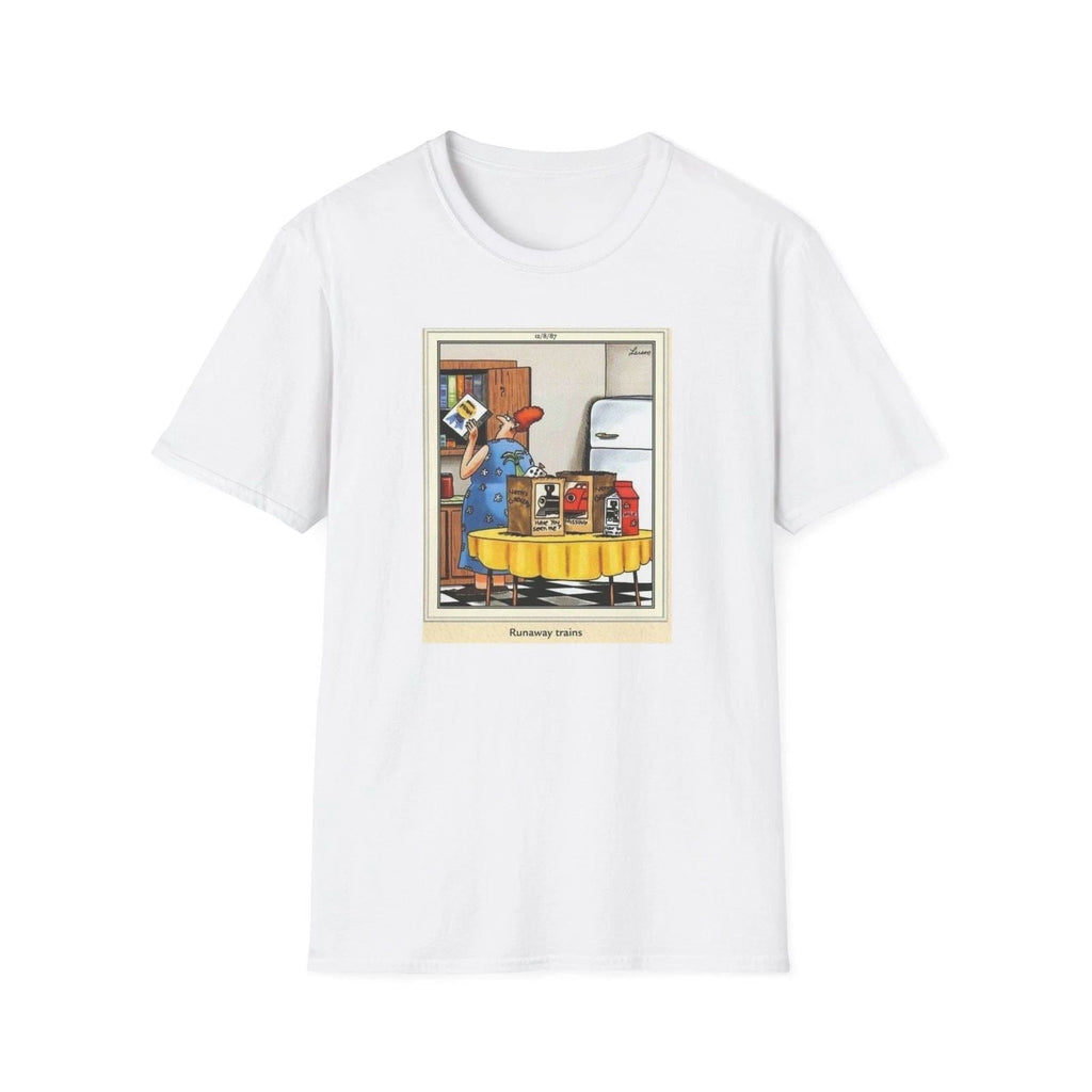 Runaway Trains Unisex Softstyle T-Shirt, Farside Newspaper Cartoon Tee Unisex T-shirt, Sweatshirt, Hoodie, Long Sleeve Tee - T-Shirt, Sweatshirt, Hoodie