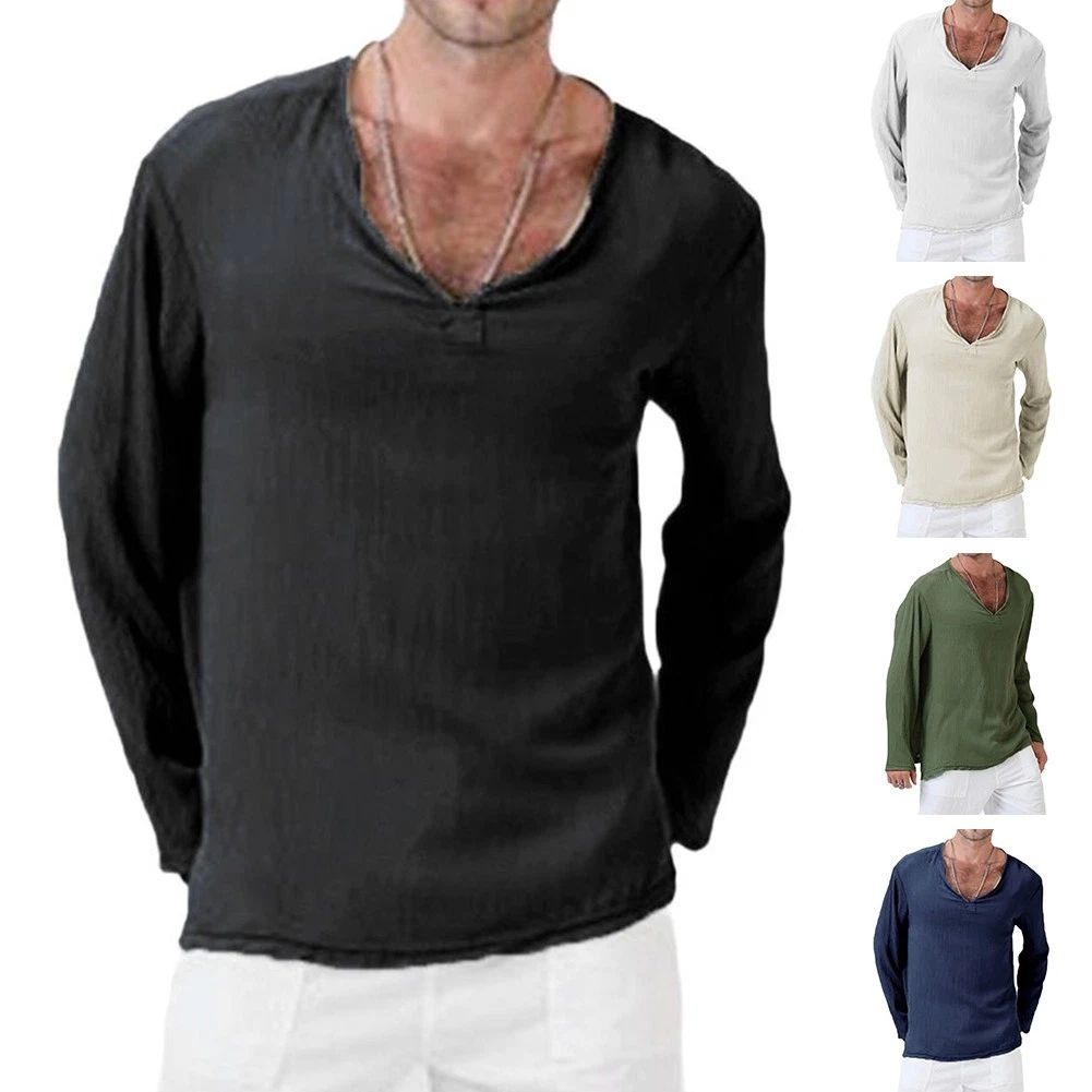 Mens Cotton Long Sleeve V Neck T Shirts Casual Breathable Simple Style Tees Unisex T-shirt, Sweatshirt, Hoodie, Long Sleeve Tee - T-Shirt, Sweatshirt, Hoodie