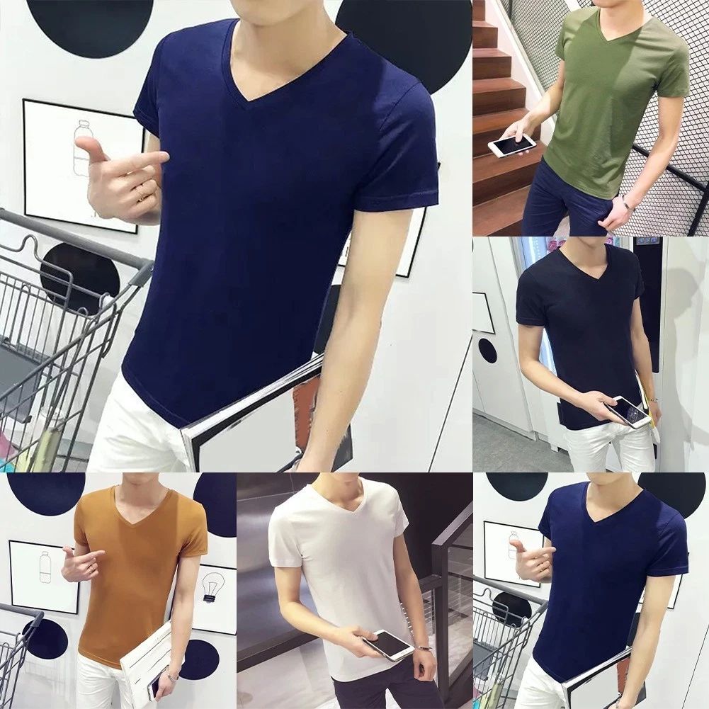 Mens V Neck Tee Daily Wear Party Wear Short Sleeve Solid Color Pullover Style Unisex T-shirt, Sweatshirt, Hoodie, Long Sleeve Tee - T-Shirt, Sweatshirt, Hoodie