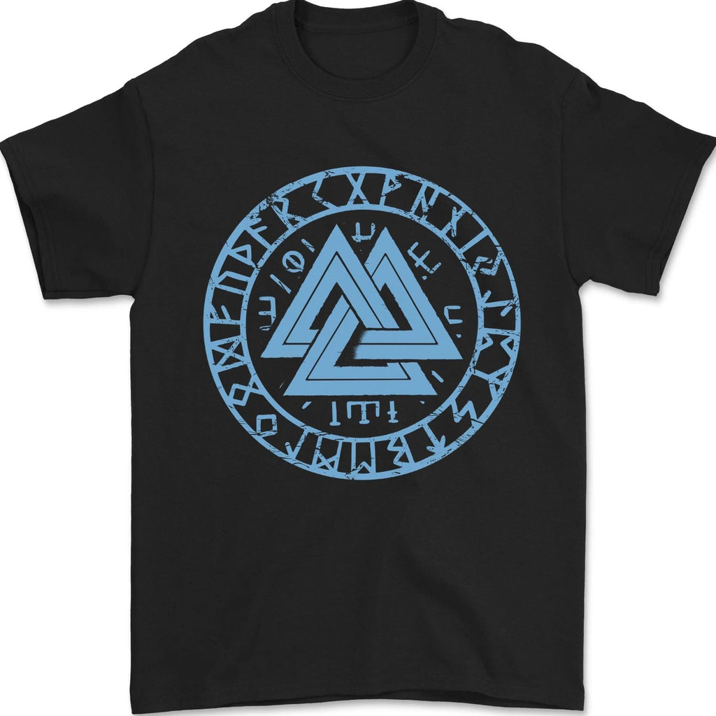 Valknut Circle With Viking Text Blue Print Mens T-Shirt 100% Cotton Unisex T-shirt, Sweatshirt, Hoodie, Long Sleeve Tee - T-Shirt, Sweatshirt, Hoodie