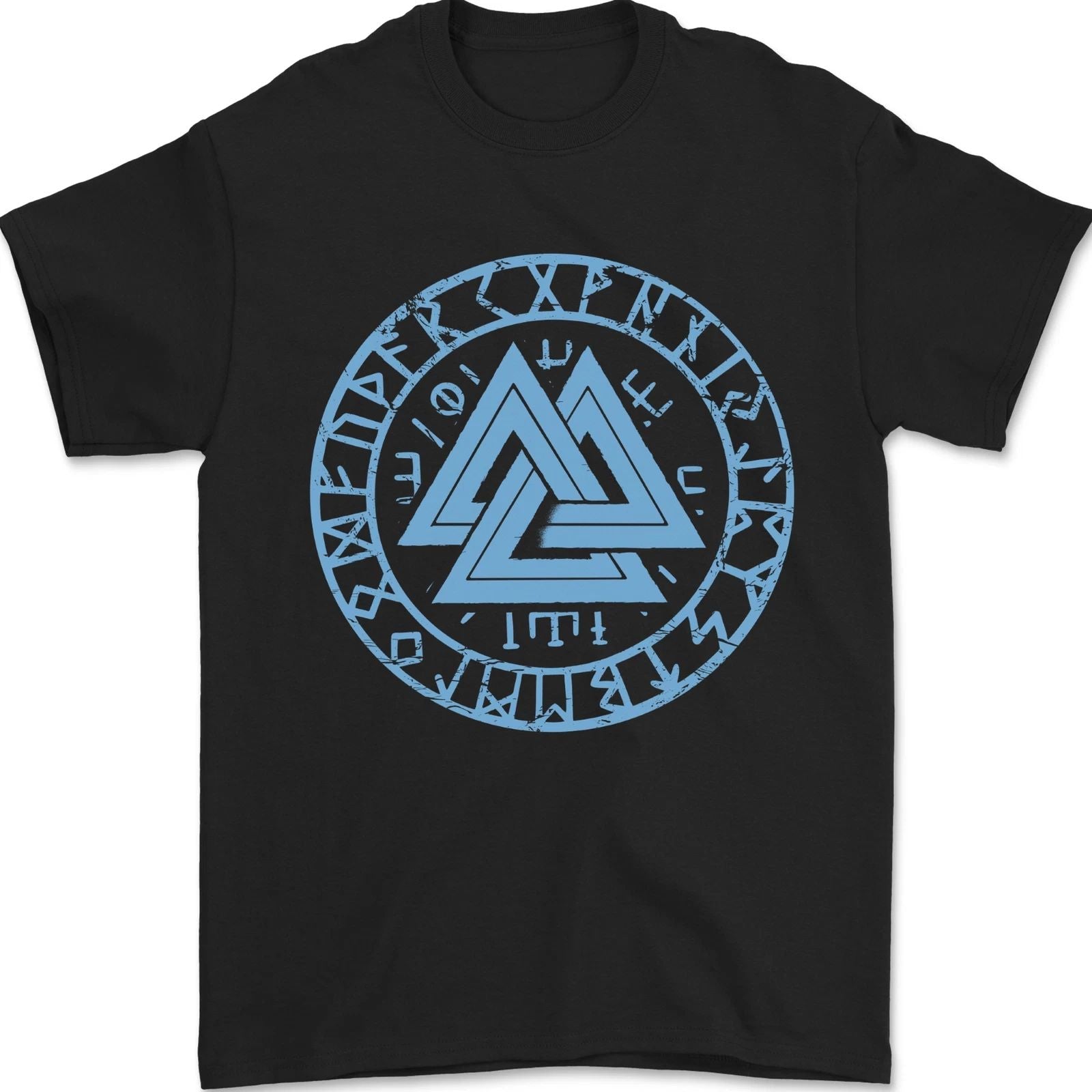 Valknut Circle With Viking Text Blue Print Mens T-Shirt 100% Cotton Unisex T-shirt, Sweatshirt, Hoodie, Long Sleeve Tee - T-Shirt, Sweatshirt, Hoodie