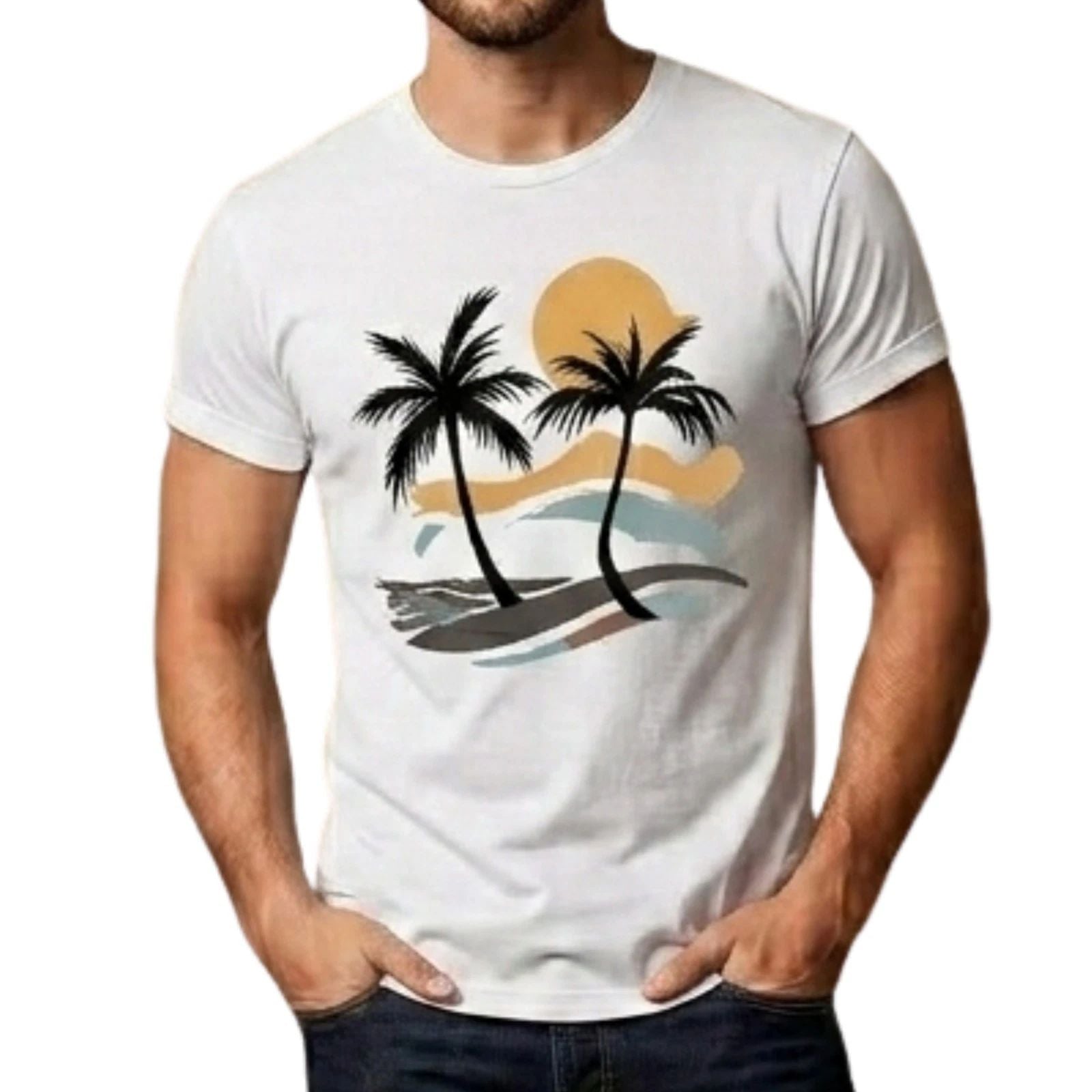 Men's Tropical Palm Tree T-Shirt Beach Sunset Graphic Tee Summer Vacation Top Unisex T-shirt, Sweatshirt, Hoodie, Long Sleeve Tee - T-Shirt, Sweatshirt, Hoodie