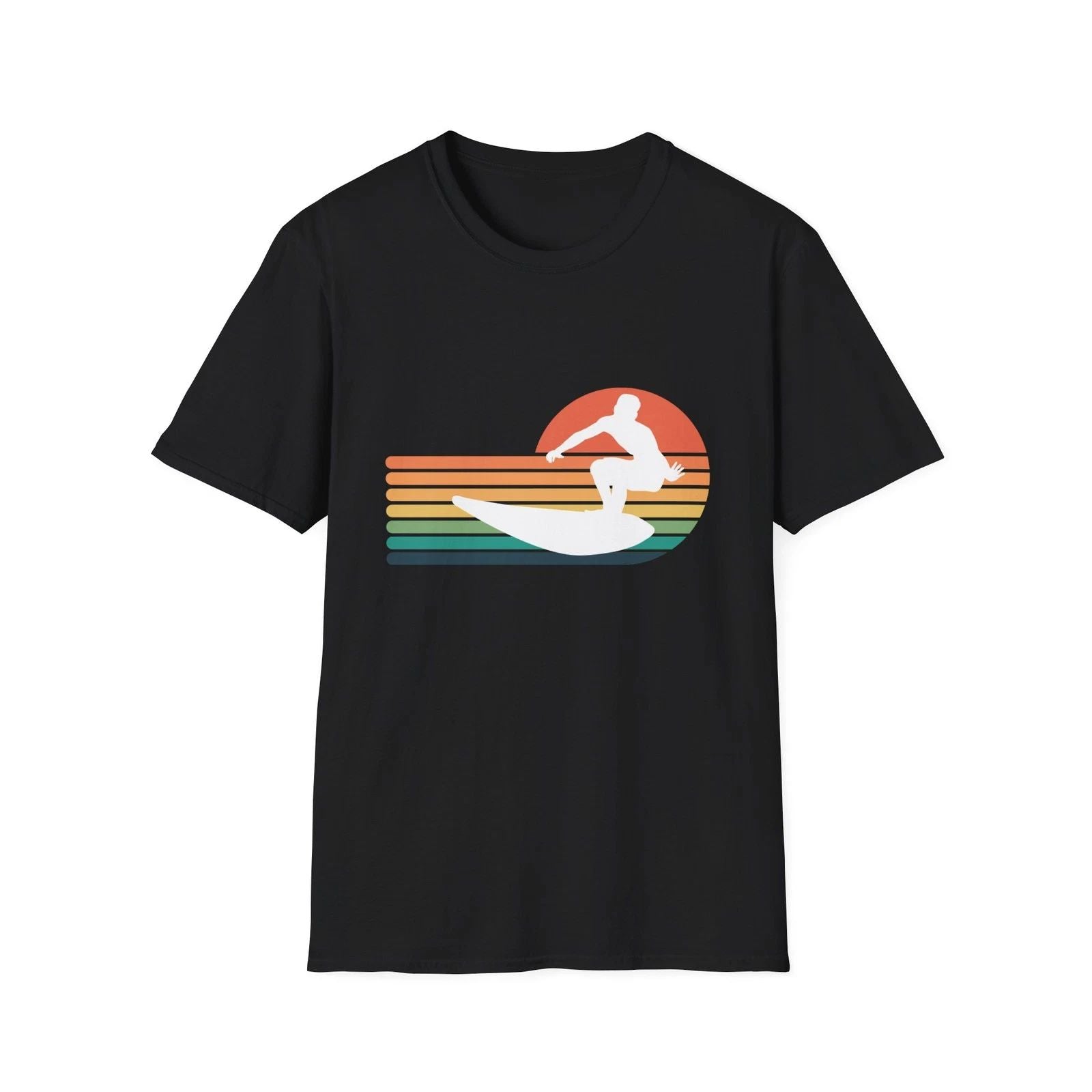 Retro Sunset Surfer T-Shirt,Vintage Stripes Surfing Tee, Vintage Tee,Summer Tee Unisex T-shirt, Sweatshirt, Hoodie, Long Sleeve Tee - T-Shirt, Sweatshirt, Hoodie