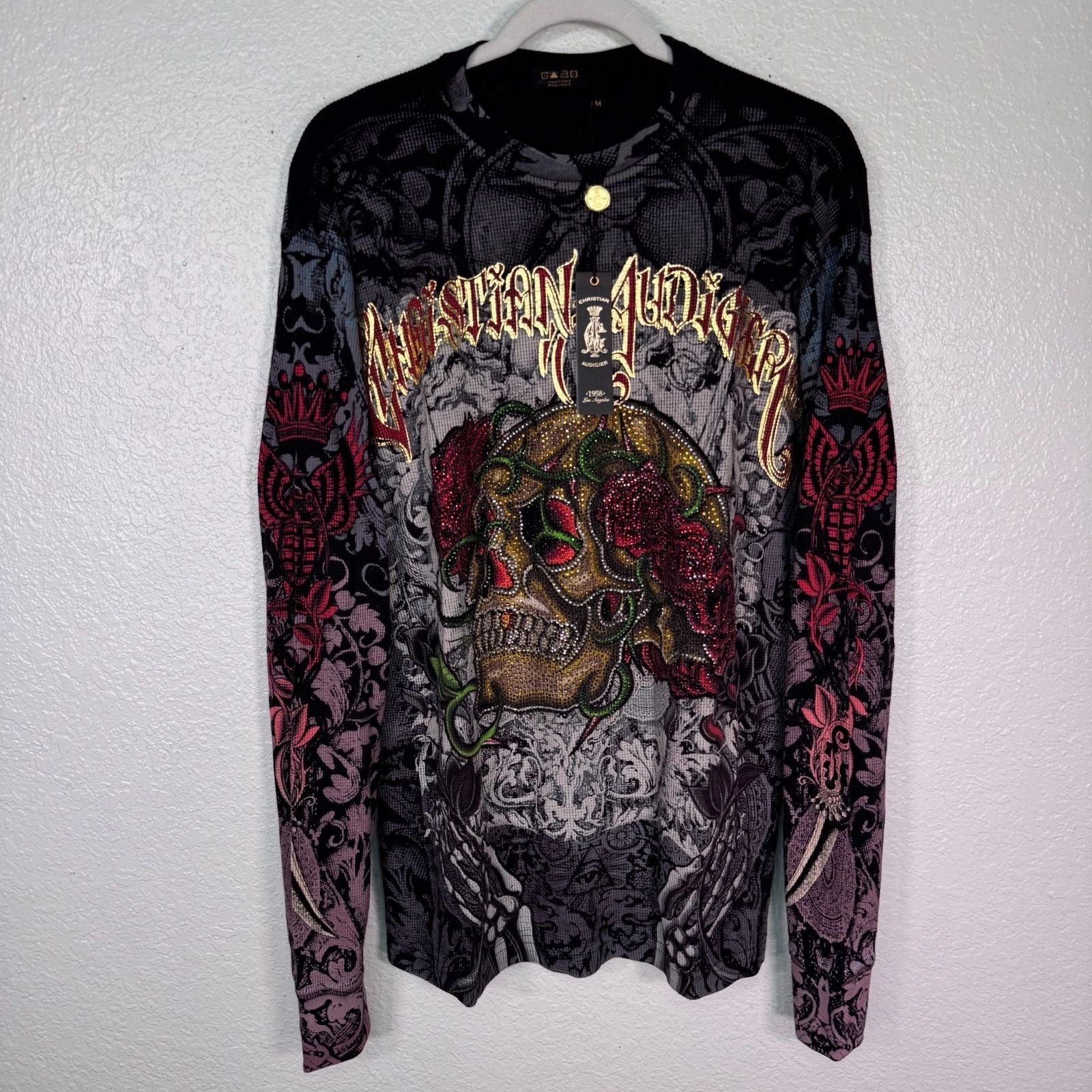 Christian Audigier Y2K Shirt Men Medium Thermal Skull Rose Rhinestone Tattoo NEW Unisex T-shirt, Sweatshirt, Hoodie, Long Sleeve Tee - T-Shirt, Sweatshirt, Hoodie