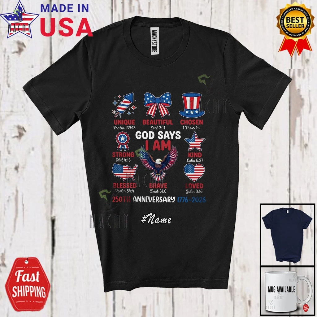Custom Name God 250th Anniversary; 4th Of July USA Flag Eagle Patriotic T-Shirt Unisex T-shirt, Sweatshirt, Hoodie, Long Sleeve Tee - T-Shirt, Sweatshirt, Hoodie