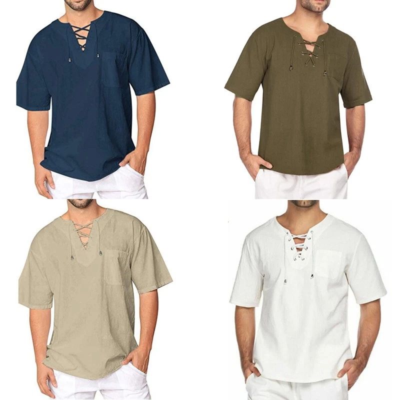 Cotton Linen Loose Tops V Short Mens Sleeve  Casual Neck  T-shirt  Up Lace Unisex T-shirt, Sweatshirt, Hoodie, Long Sleeve Tee - T-Shirt, Sweatshirt, Hoodie