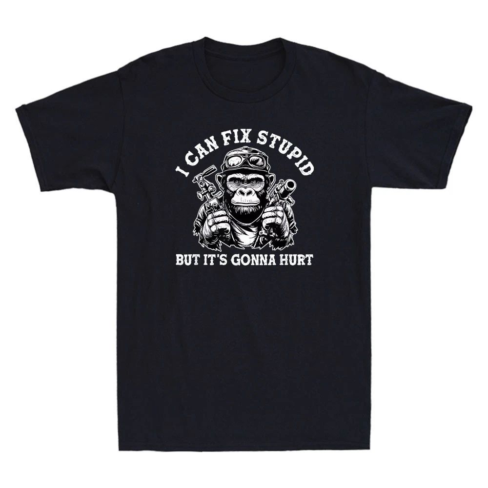 I Can Fix Stupid But It's Gonna Hurt Funny Monkey With Gun Graphic Men's T-Shirt Unisex T-shirt, Sweatshirt, Hoodie, Long Sleeve Tee - T-Shirt, Sweatshirt, Hoodie