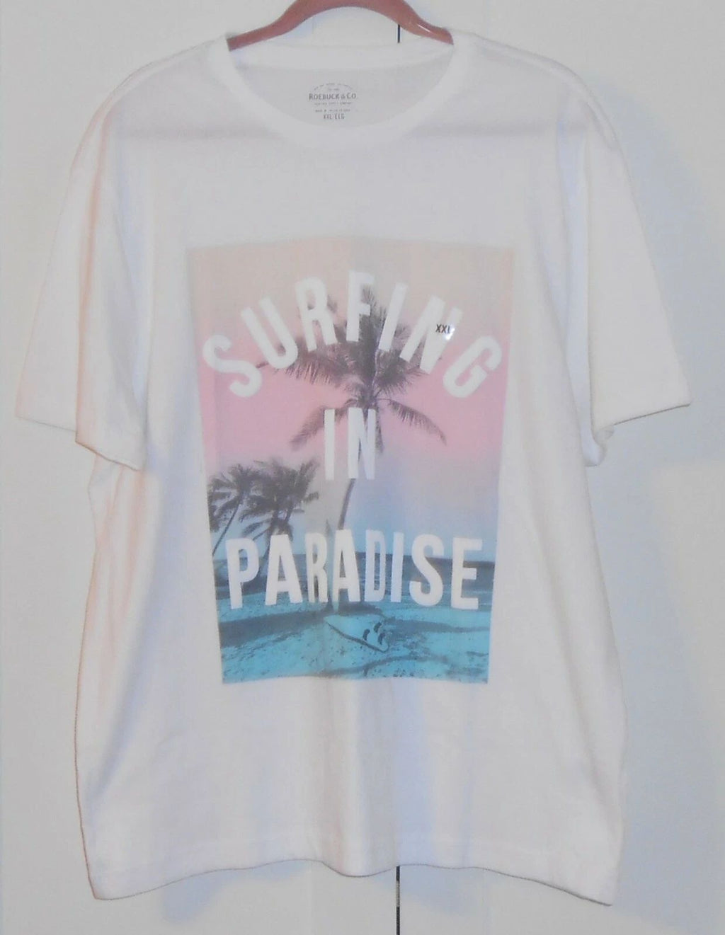 MEN'S ROEBUCK & CO. WHITE "SURFING IN PARADISE" S/S TEE - SIZE XXLARGE Unisex T-shirt, Sweatshirt, Hoodie, Long Sleeve Tee - T-Shirt, Sweatshirt, Hoodie