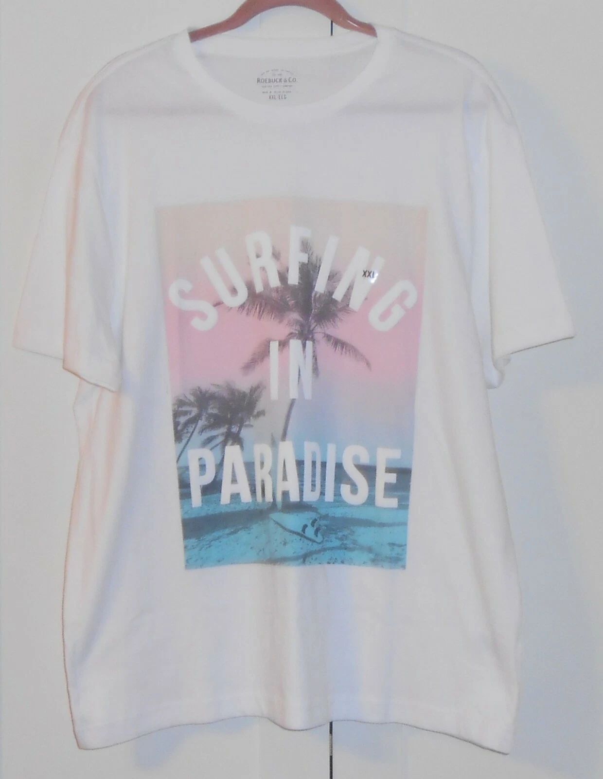 MEN'S ROEBUCK & CO. WHITE "SURFING IN PARADISE" S/S TEE - SIZE XXLARGE Unisex T-shirt, Sweatshirt, Hoodie, Long Sleeve Tee - T-Shirt, Sweatshirt, Hoodie