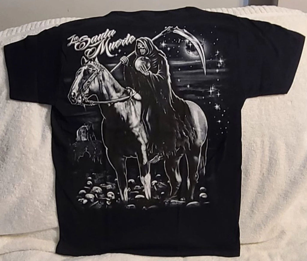 GRIM REAPER HORSE SCYTHE GRAVEYARD SKULLS MOON LA SANTA MUERTE T-SHIRT SHIRT Unisex T-shirt, Sweatshirt, Hoodie, Long Sleeve Tee - T-Shirt, Sweatshirt, Hoodie