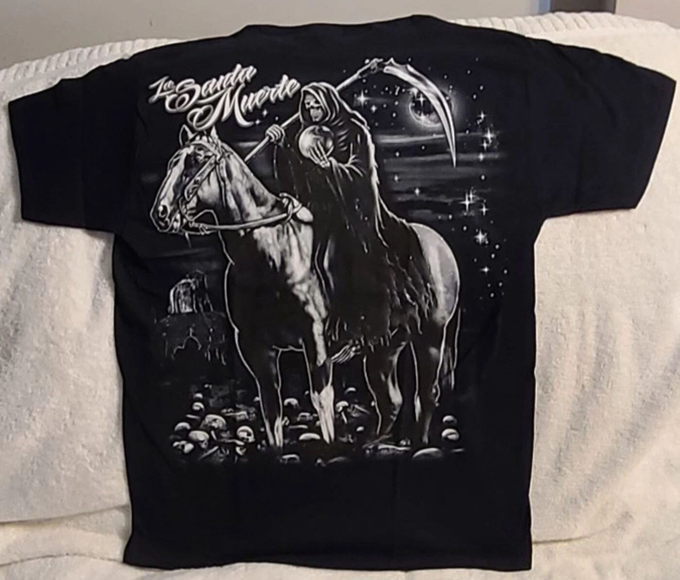 GRIM REAPER HORSE SCYTHE GRAVEYARD SKULLS MOON LA SANTA MUERTE T-SHIRT SHIRT Unisex T-shirt, Sweatshirt, Hoodie, Long Sleeve Tee - T-Shirt, Sweatshirt, Hoodie
