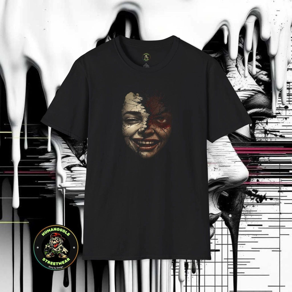 Split Face Smiling Creepy Portrait T-Shirt | Grunge Horror Art Unisex T-shirt, Sweatshirt, Hoodie, Long Sleeve Tee - T-Shirt, Sweatshirt, Hoodie