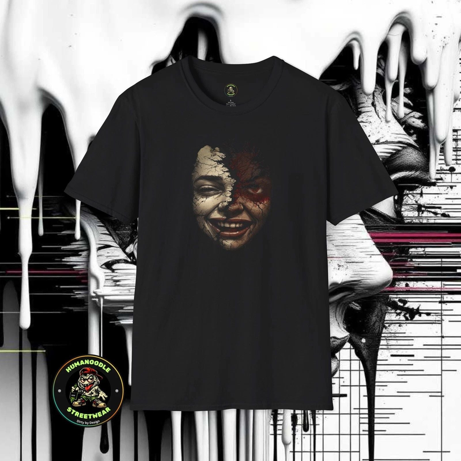 Split Face Smiling Creepy Portrait T-Shirt | Grunge Horror Art Unisex T-shirt, Sweatshirt, Hoodie, Long Sleeve Tee - T-Shirt, Sweatshirt, Hoodie