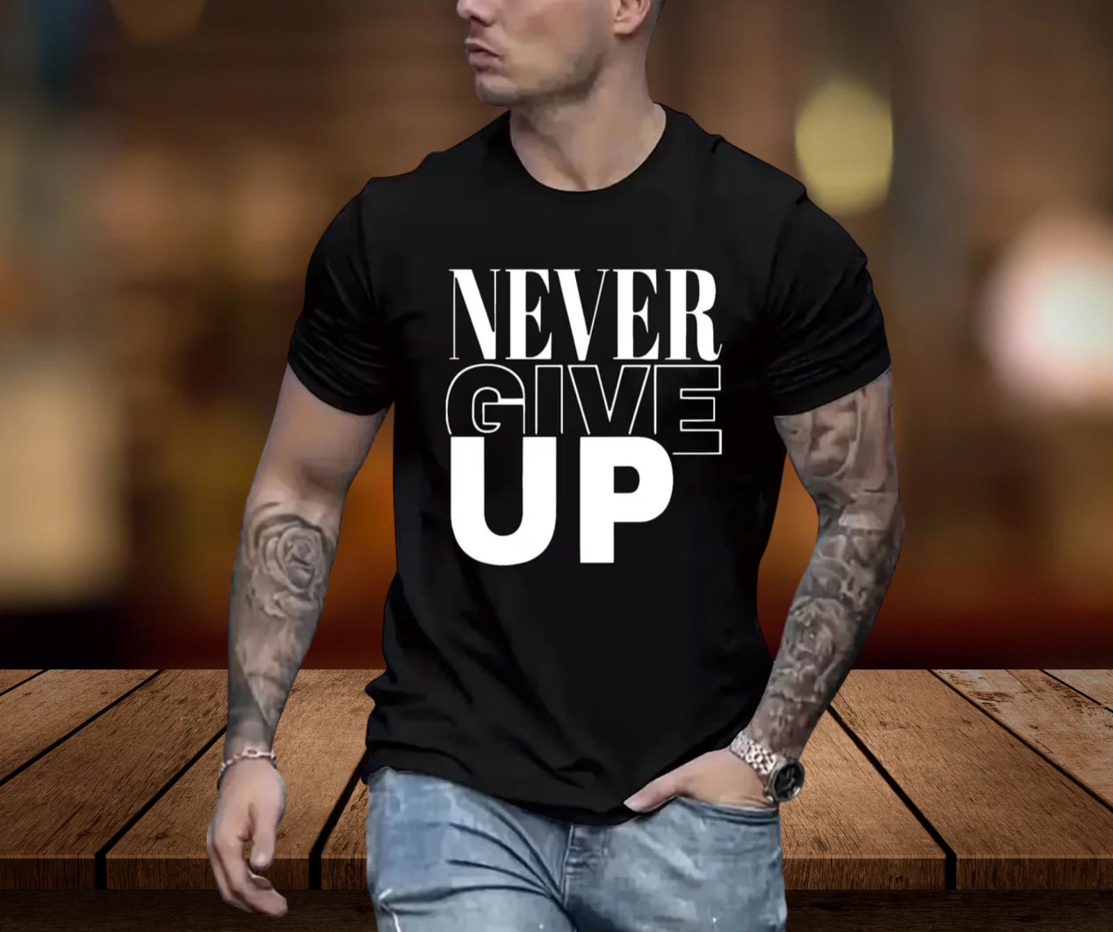 Mens Black NEVER GIVE UP T-Shirt Size L Cotton Crew Neck Trendy Letter Print Unisex T-shirt, Sweatshirt, Hoodie, Long Sleeve Tee - T-Shirt, Sweatshirt, Hoodie
