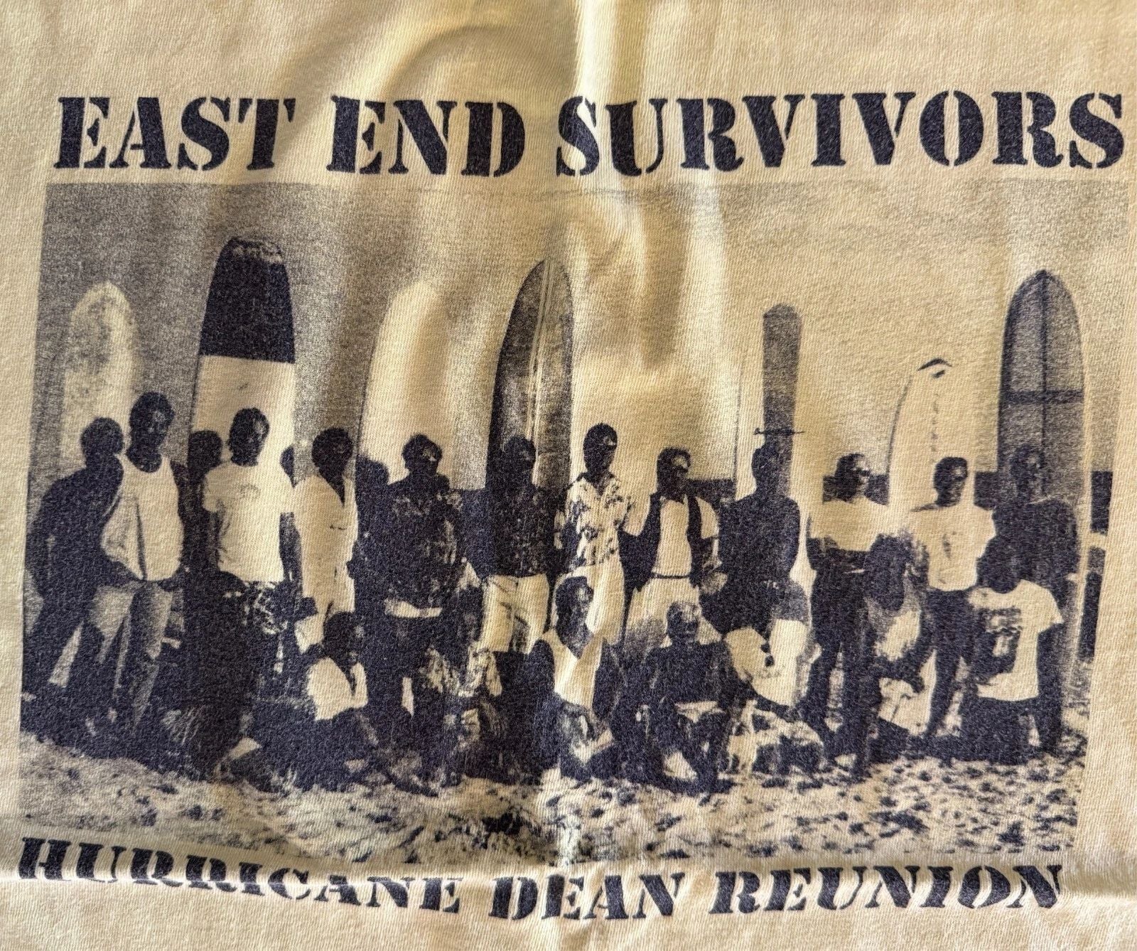 VTG yellow graphic print t-shirt Hurricane Dean East End Survivors Unisex T-shirt, Sweatshirt, Hoodie, Long Sleeve Tee - T-Shirt, Sweatshirt, Hoodie