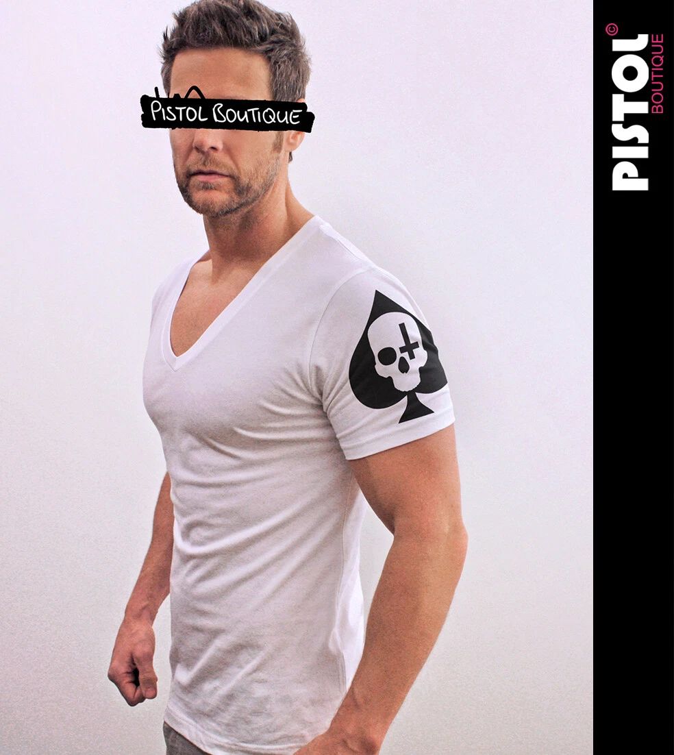 Pistol Boutique T-Shirt Uomo Fitted Bianco Deep V Neck Maniche Skull Ace Spades Unisex T-shirt, Sweatshirt, Hoodie, Long Sleeve Tee - T-Shirt, Sweatshirt, Hoodie