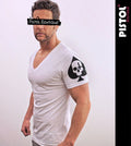 Pistol Boutique T-Shirt Uomo Fitted Bianco Deep V Neck Maniche Skull Ace Spades Unisex T-shirt, Sweatshirt, Hoodie, Long Sleeve Tee - T-Shirt, Sweatshirt, Hoodie
