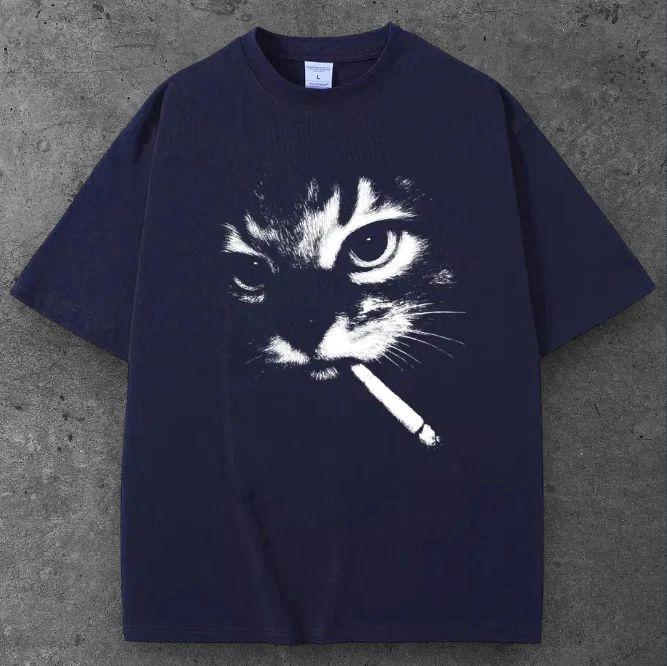 Unisex Cigarette Smoking Cat  Oversized T Shirt Blue Y2K Grunge Streetwear S-2XL Unisex T-shirt, Sweatshirt, Hoodie, Long Sleeve Tee - T-Shirt, Sweatshirt, Hoodie