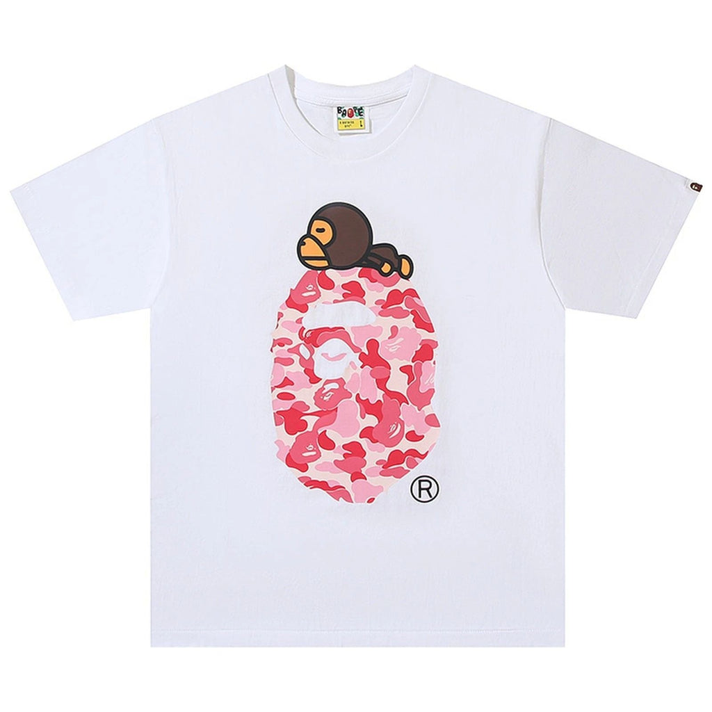 BAPE ABC Camo Milo On Big Ape Head T-Shirt White Pink | A Bathing Ape Unisex T-shirt, Sweatshirt, Hoodie, Long Sleeve Tee - T-Shirt, Sweatshirt, Hoodie
