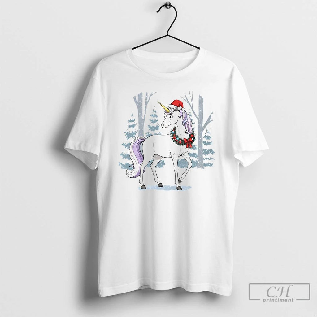 Classic Unicorn Wreath Winter Forest Christmas White T Shirts Unisex T-shirt, Sweatshirt, Hoodie, Long Sleeve Tee - T-Shirt, Sweatshirt, Hoodie