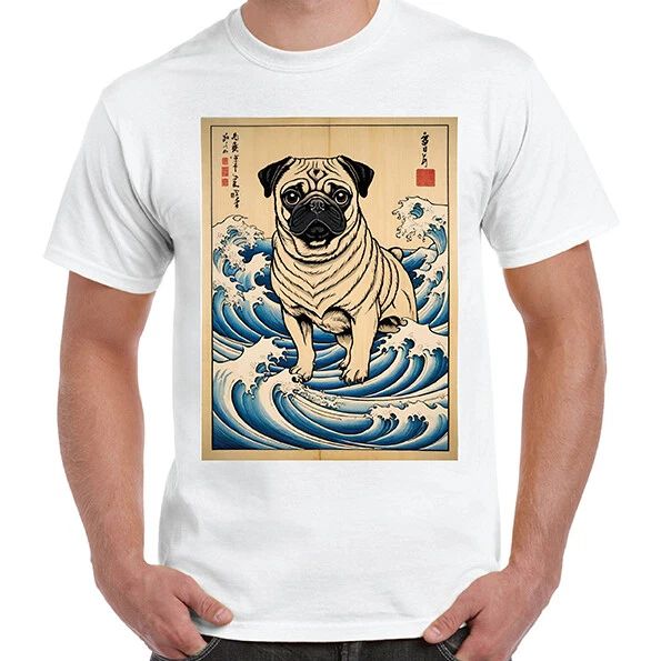 Retro Japanese Pug Dog Surf Ocean Wave  Cute Ukiyo-e Inspired T-Shirt Tee Gift Unisex T-shirt, Sweatshirt, Hoodie, Long Sleeve Tee - T-Shirt, Sweatshirt, Hoodie