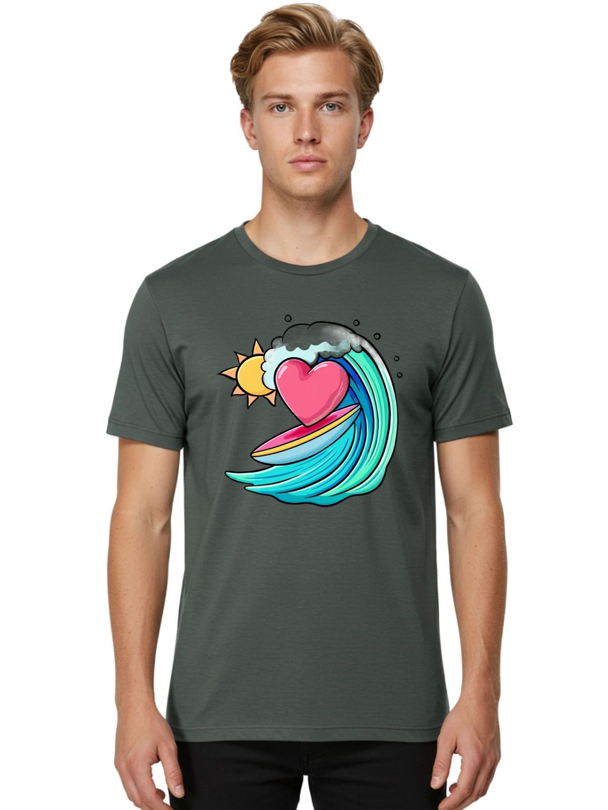 Surfing-Heart Mens Graphic Tee, 100% Cotton, Casual Summer Wear Unisex T-shirt, Sweatshirt, Hoodie, Long Sleeve Tee - T-Shirt, Sweatshirt, Hoodie