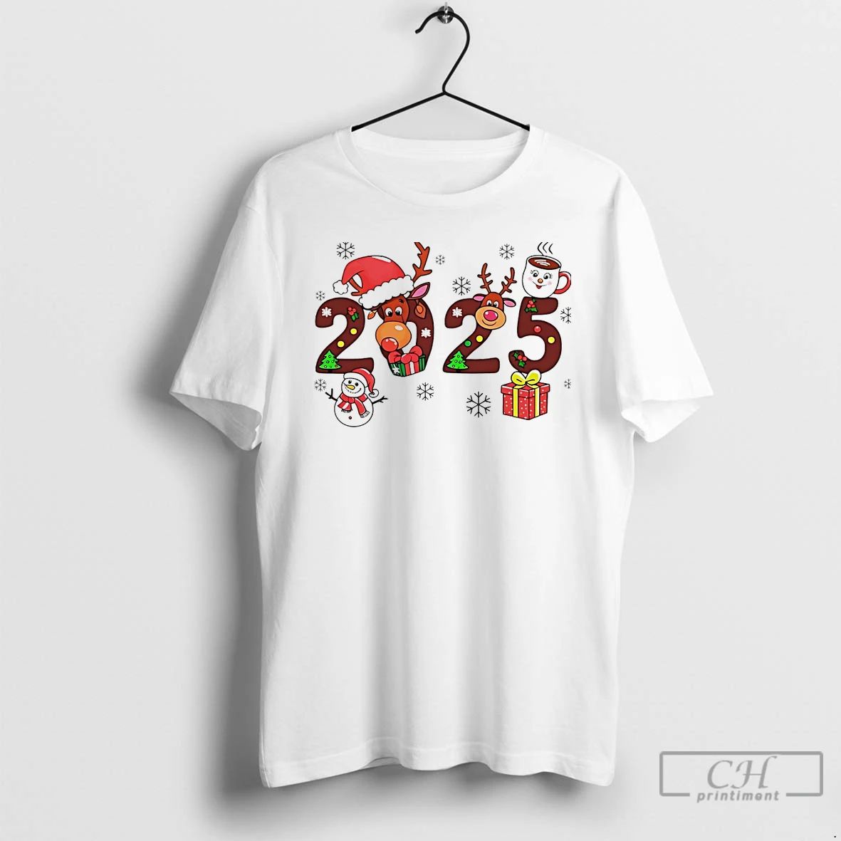 Classic 2025 Reindeer Snowman Christmas Holiday White T Shirts Unisex T-shirt, Sweatshirt, Hoodie, Long Sleeve Tee - T-Shirt, Sweatshirt, Hoodie