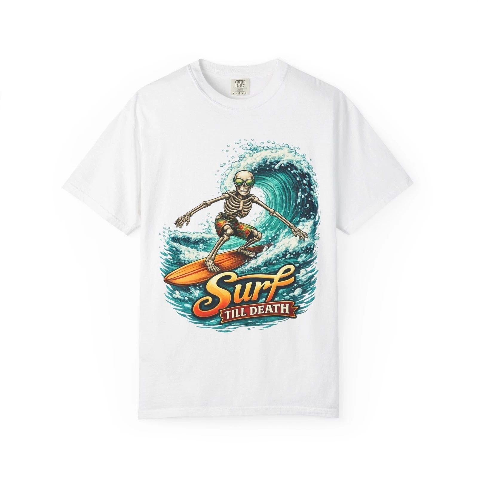 Skeleton Surfing 'Surf Till Death' T-Shirt | Skull Surfer Tee Unisex T-shirt, Sweatshirt, Hoodie, Long Sleeve Tee - T-Shirt, Sweatshirt, Hoodie