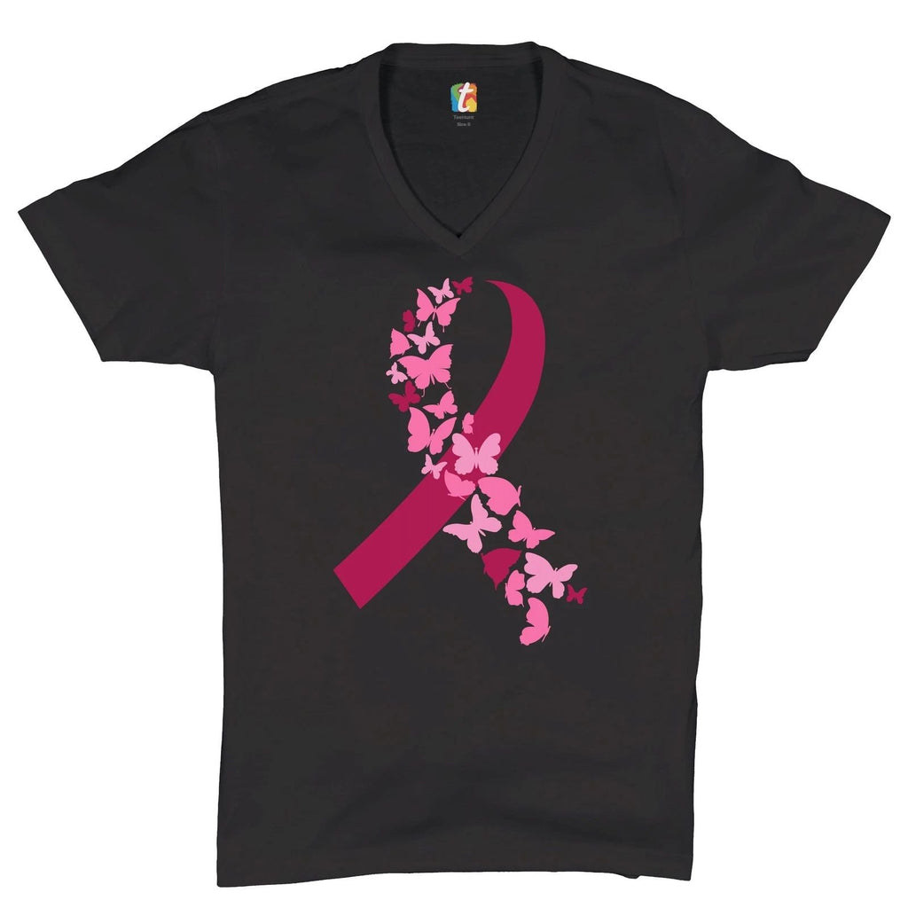 Butterflies Pink Ribbon V-Neck T-shirt Breast Cancer Awareness Hope Tee Unisex T-shirt, Sweatshirt, Hoodie, Long Sleeve Tee - T-Shirt, Sweatshirt, Hoodie