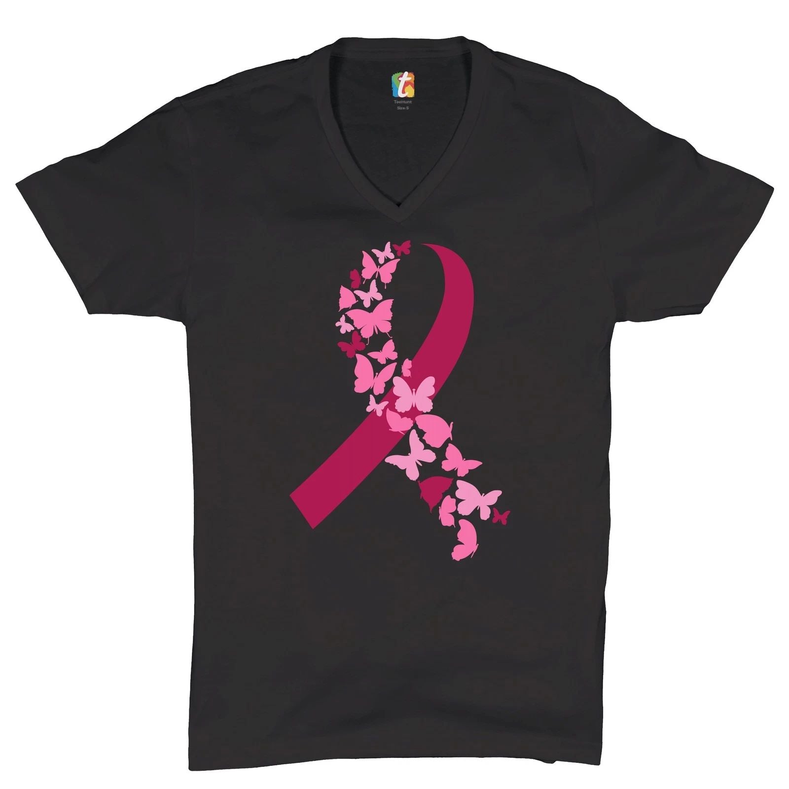 Butterflies Pink Ribbon V-Neck T-shirt Breast Cancer Awareness Hope Tee Unisex T-shirt, Sweatshirt, Hoodie, Long Sleeve Tee - T-Shirt, Sweatshirt, Hoodie