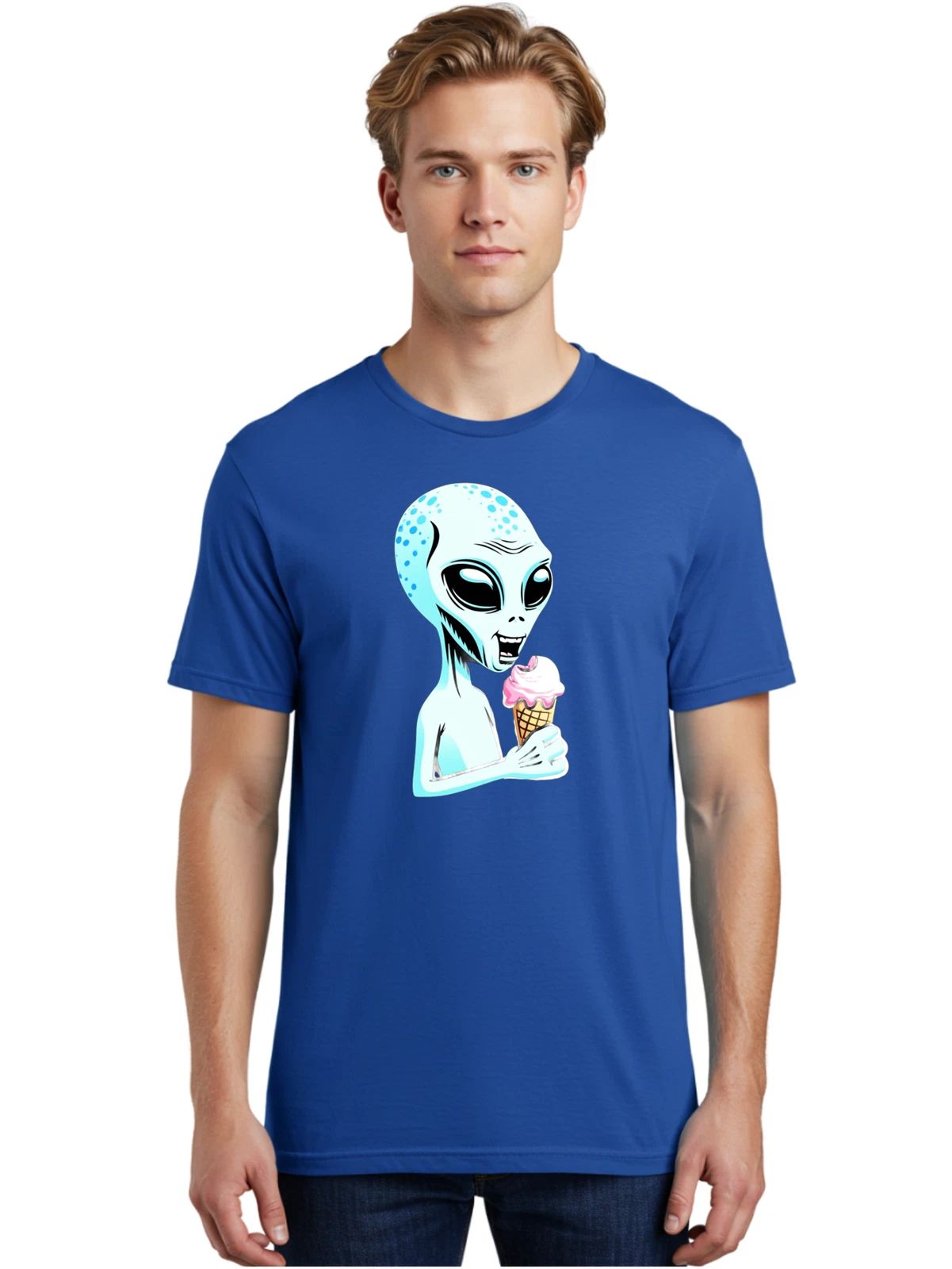 Alien-Eating-Ice-Cream-1 Mens Graphic Tee, 100% Cotton, Casual Summer Wear Unisex T-shirt, Sweatshirt, Hoodie, Long Sleeve Tee - T-Shirt, Sweatshirt, Hoodie