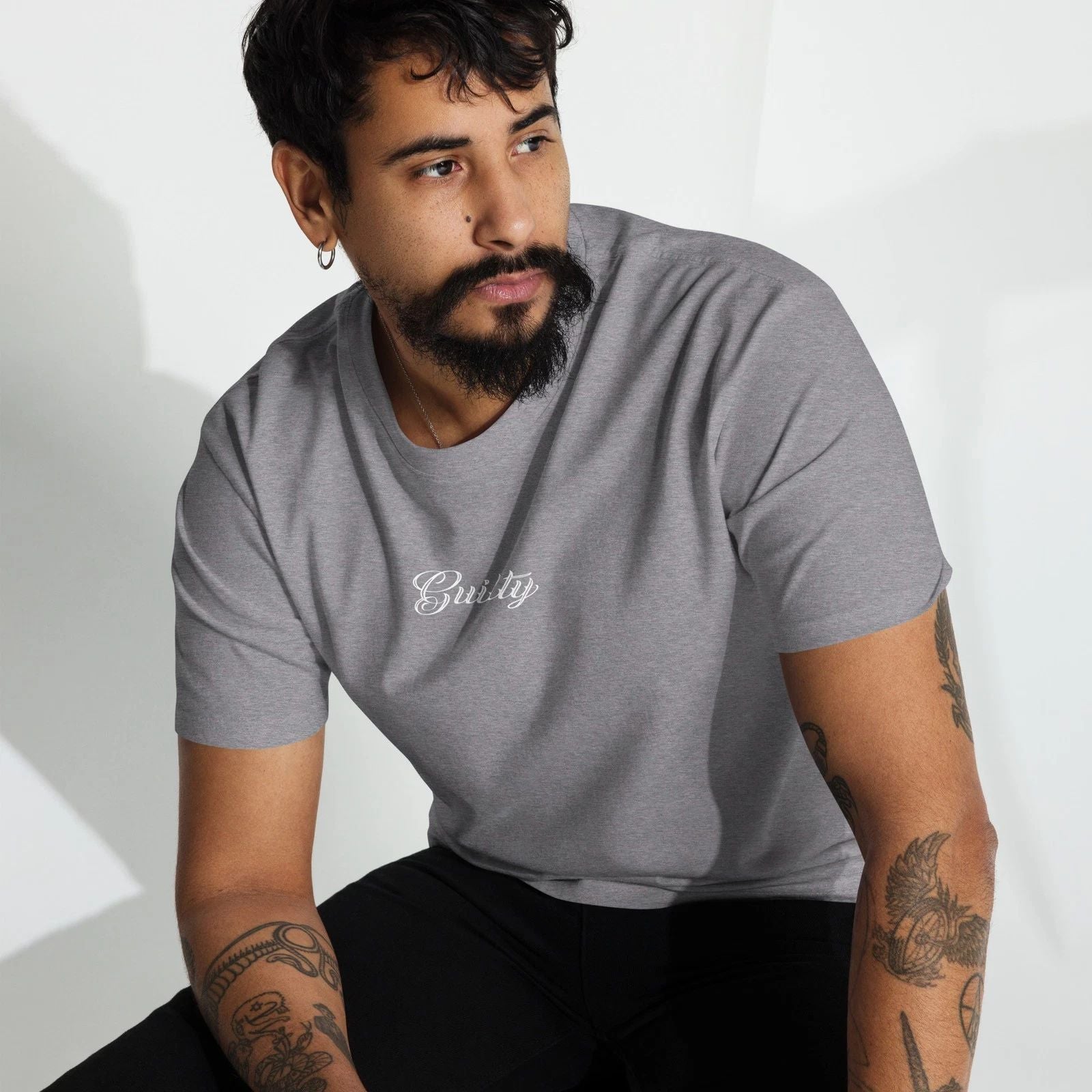 GUILTY Mens Grey Heavyweight T-Shirt  Premium Cotton Graphic Tee Unisex T-shirt, Sweatshirt, Hoodie, Long Sleeve Tee - T-Shirt, Sweatshirt, Hoodie