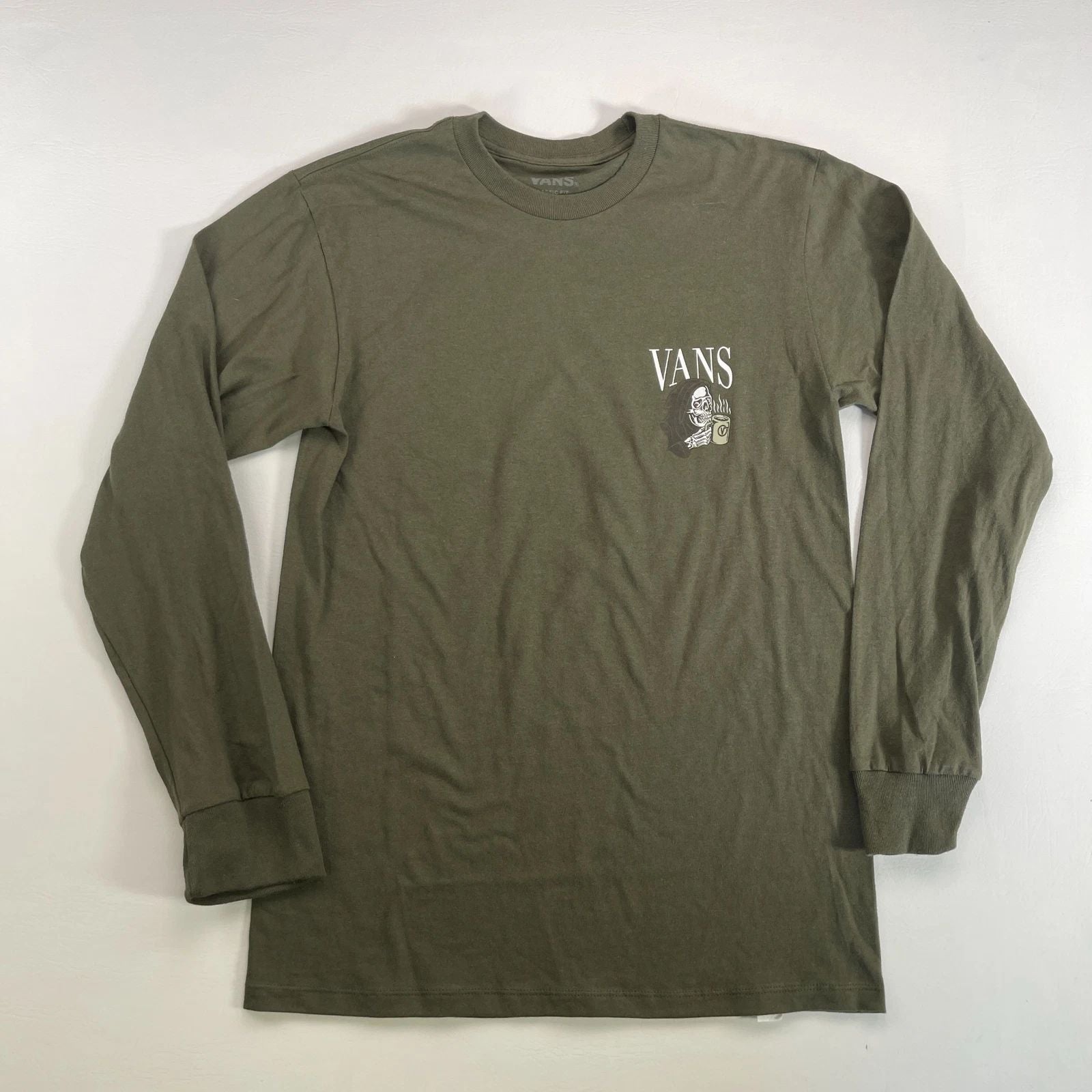 Vans T-Shirt Mens Small Olive Green Cotton Long Sleeve Graphic Print Classic Fit Unisex T-shirt, Sweatshirt, Hoodie, Long Sleeve Tee - T-Shirt, Sweatshirt, Hoodie