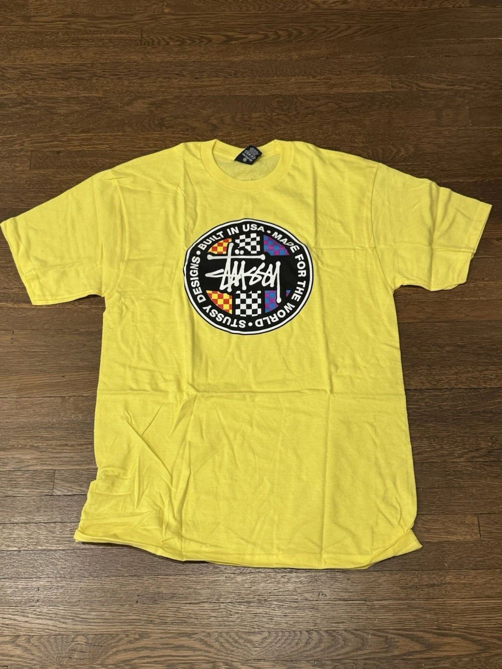 Stussy Built in USA Circle Logo T-Shirt Medium Vintage Yellow Brand New Unisex T-shirt, Sweatshirt, Hoodie, Long Sleeve Tee - T-Shirt, Sweatshirt, Hoodie
