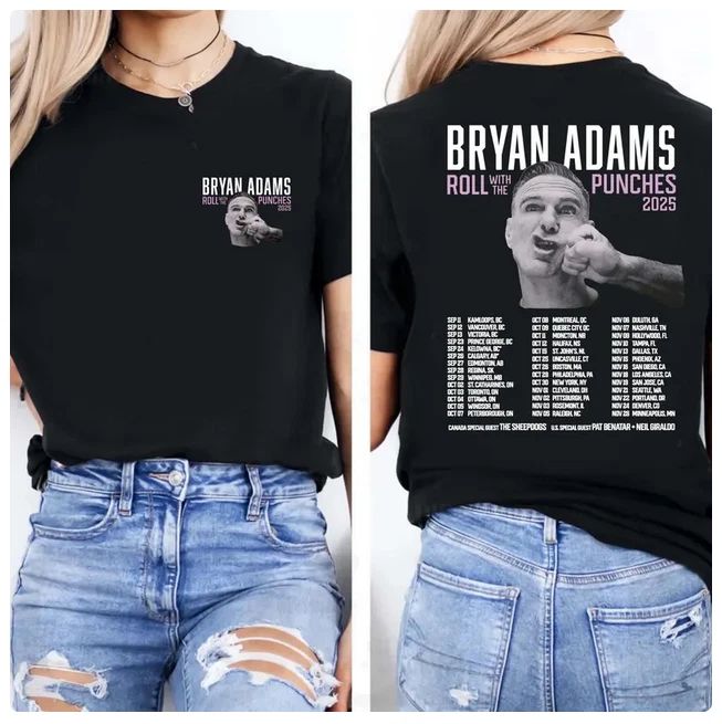 Bryan Adams Roll With The Punches Tour 2025 Double Sided Unisex T-Shirt. Unisex T-shirt, Sweatshirt, Hoodie, Long Sleeve Tee - T-Shirt, Sweatshirt, Hoodie