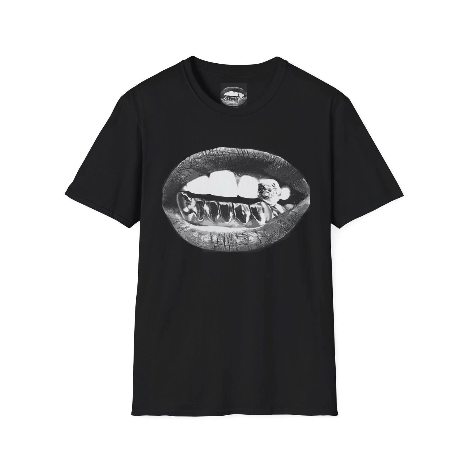 Grillz Mouth Graphic T-Shirt | Black Lip Bite Teeth Design Unisex T-shirt, Sweatshirt, Hoodie, Long Sleeve Tee - T-Shirt, Sweatshirt, Hoodie