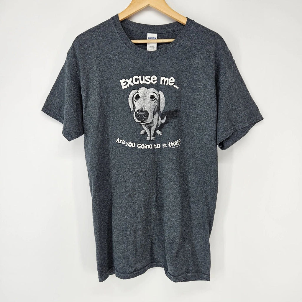 Graphic T-Shirt Mens Large Gray Dog Excuse Me Are You Going To Eat That Tee Unisex T-shirt, Sweatshirt, Hoodie, Long Sleeve Tee - T-Shirt, Sweatshirt, Hoodie