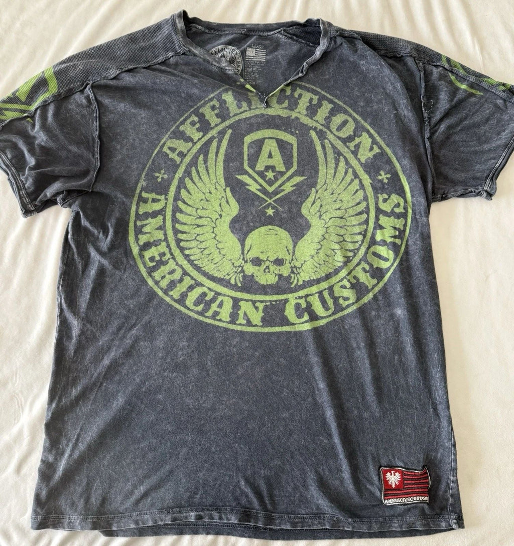 Vintage Y2KAffliction Shirt Mens Lg American Customs Skull Wings Slit Neck (526) Unisex T-shirt, Sweatshirt, Hoodie, Long Sleeve Tee - T-Shirt, Sweatshirt, Hoodie
