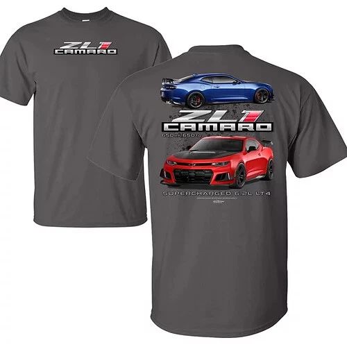 Chevy Camaro ZL1 T-Shirt - Gray w/ 2 Cars & Script Emblem Unisex T-shirt, Sweatshirt, Hoodie, Long Sleeve Tee - T-Shirt, Sweatshirt, Hoodie