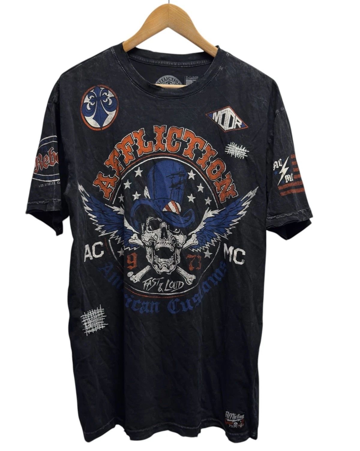Affliction Mens XL American Customs Live Fast Skull Crossbones Black T-Shirt USA Unisex T-shirt, Sweatshirt, Hoodie, Long Sleeve Tee - T-Shirt, Sweatshirt, Hoodie