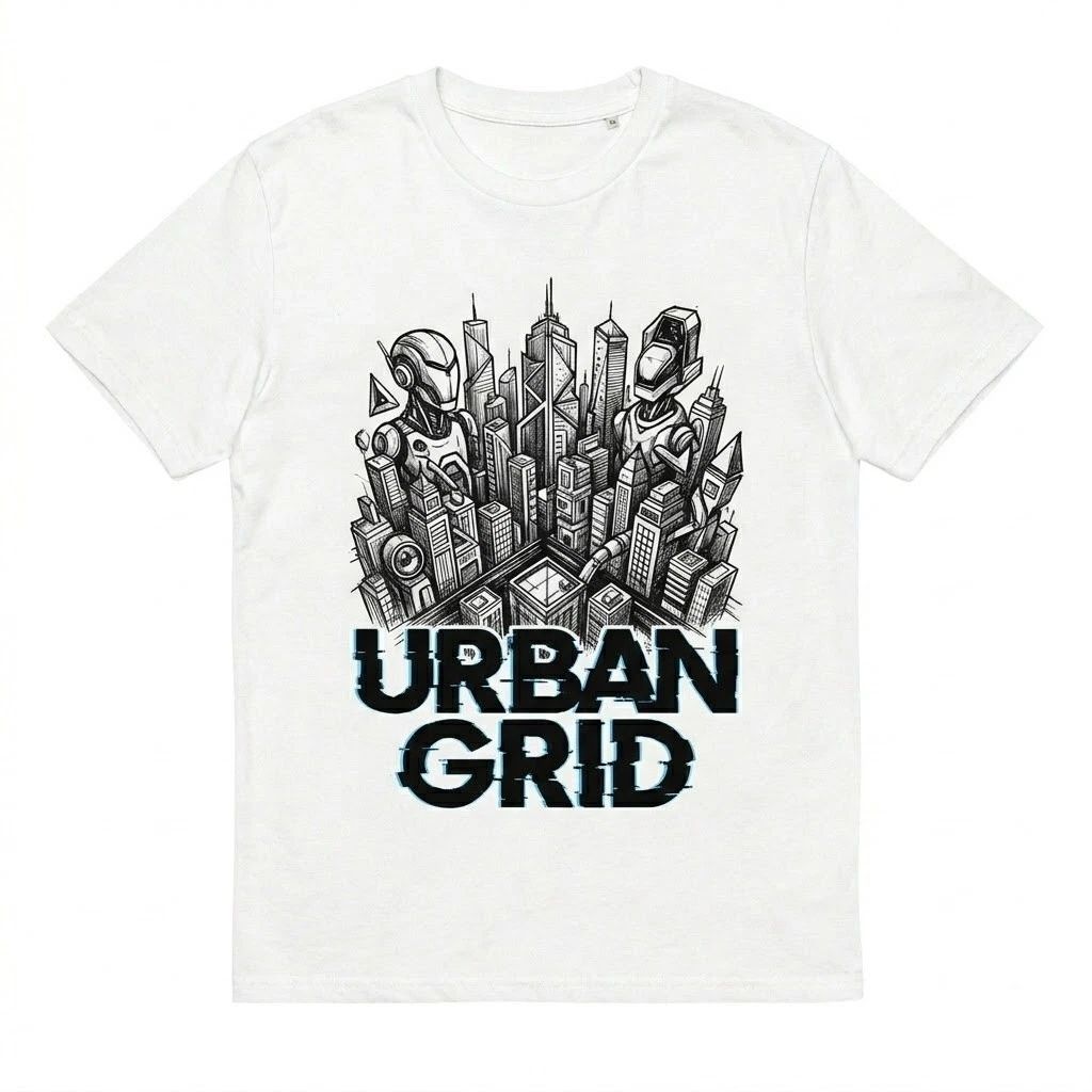 Urban Grid Cyberpunk Robot T-Shirt - Futuristic Sci-Fi City Graphic Tee for Men Unisex T-shirt, Sweatshirt, Hoodie, Long Sleeve Tee - T-Shirt, Sweatshirt, Hoodie