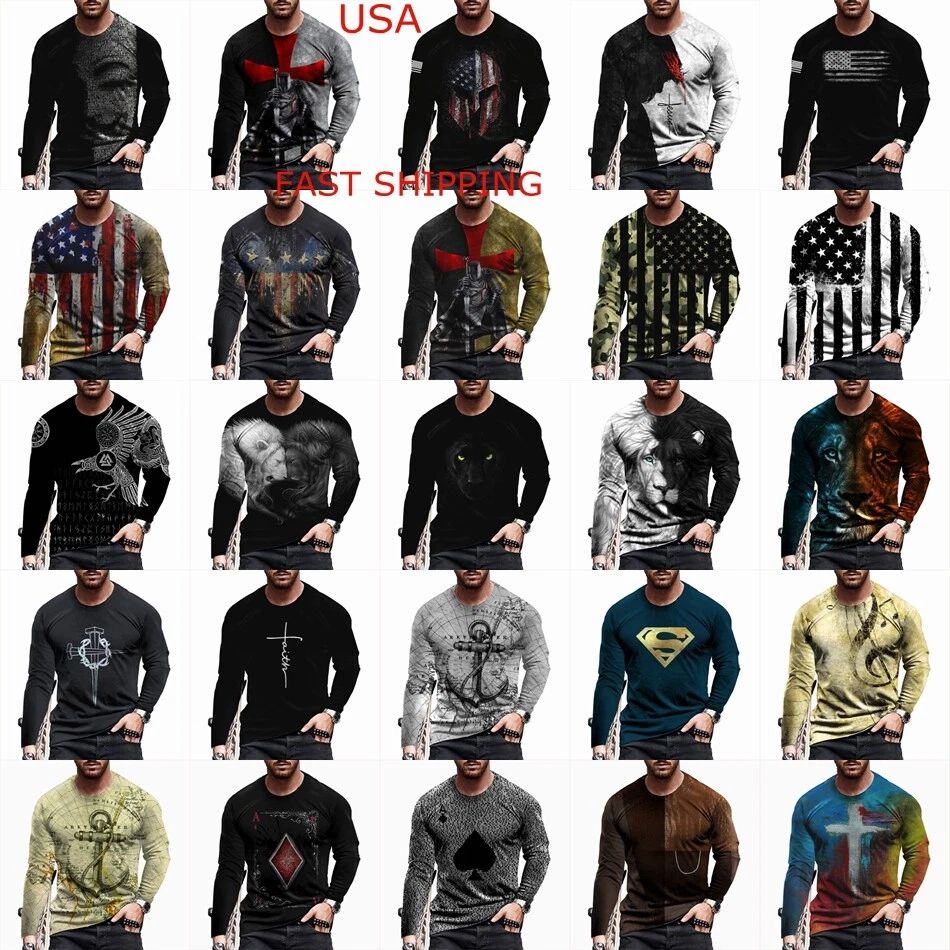 T Shirt Men's Fashion Long Sleeve USA Flag Cross Graphic Casual Silky Streetwear Unisex T-shirt, Sweatshirt, Hoodie, Long Sleeve Tee - T-Shirt, Sweatshirt, Hoodie