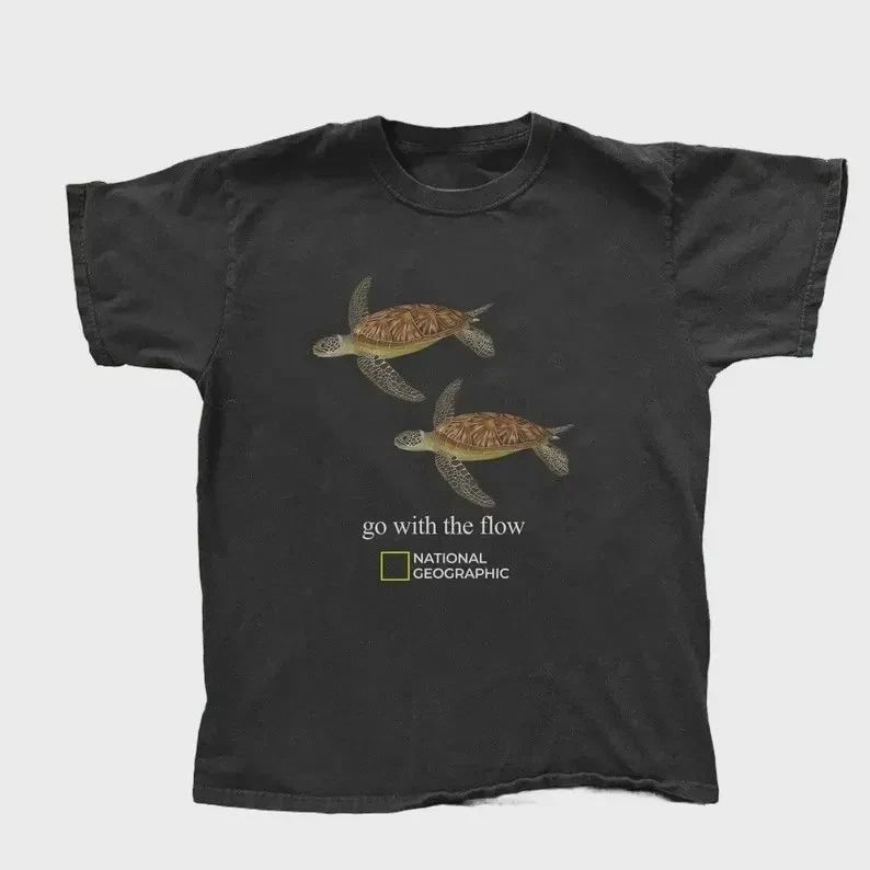 Retro National Geographic Seat Turtle 'go with the flow' Reprint T shirt Unisex T-shirt, Sweatshirt, Hoodie, Long Sleeve Tee - T-Shirt, Sweatshirt, Hoodie