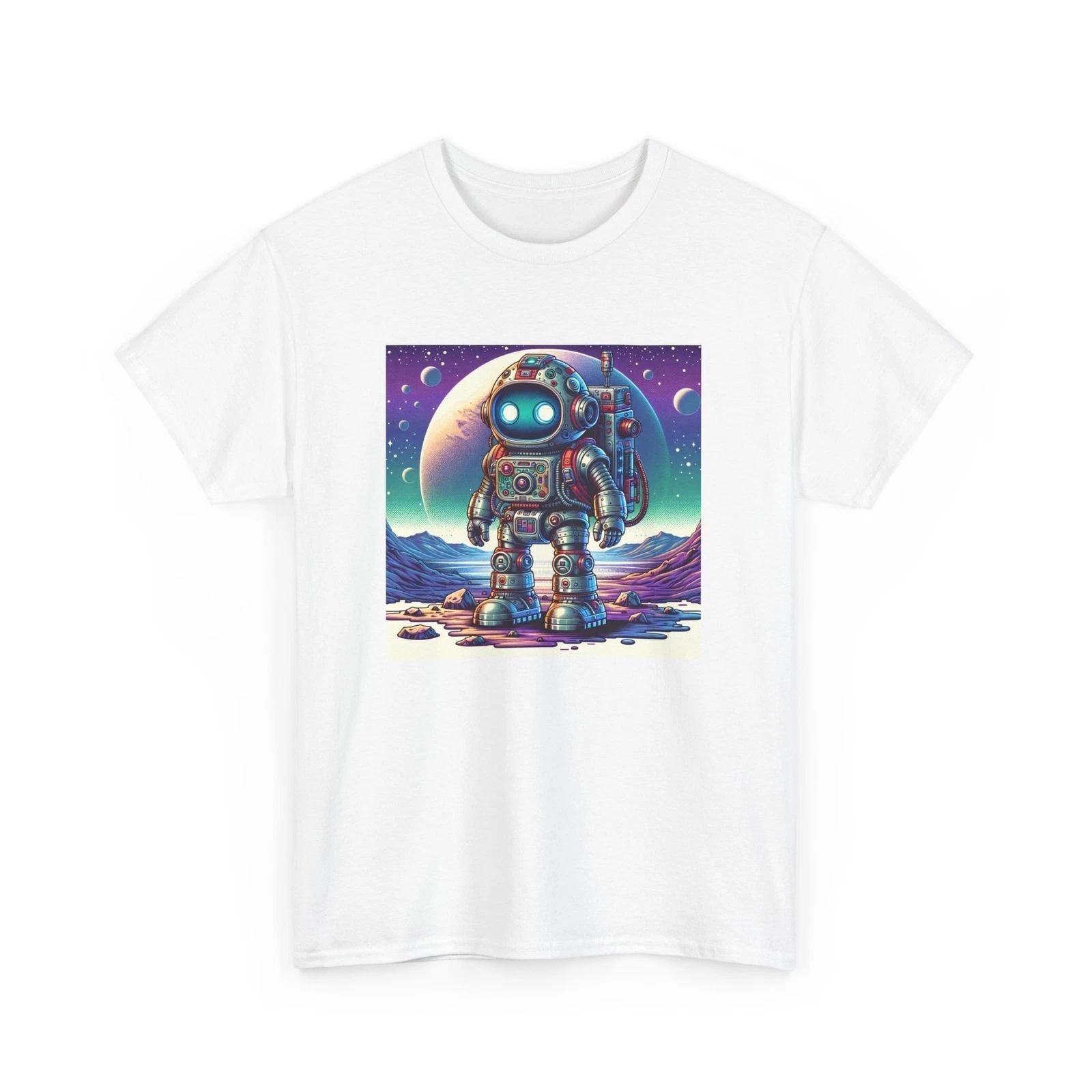 Unisex Adult T Shirt Adventurous Robot Explorer Illustration Retro SciFi Vibe Unisex T-shirt, Sweatshirt, Hoodie, Long Sleeve Tee - T-Shirt, Sweatshirt, Hoodie
