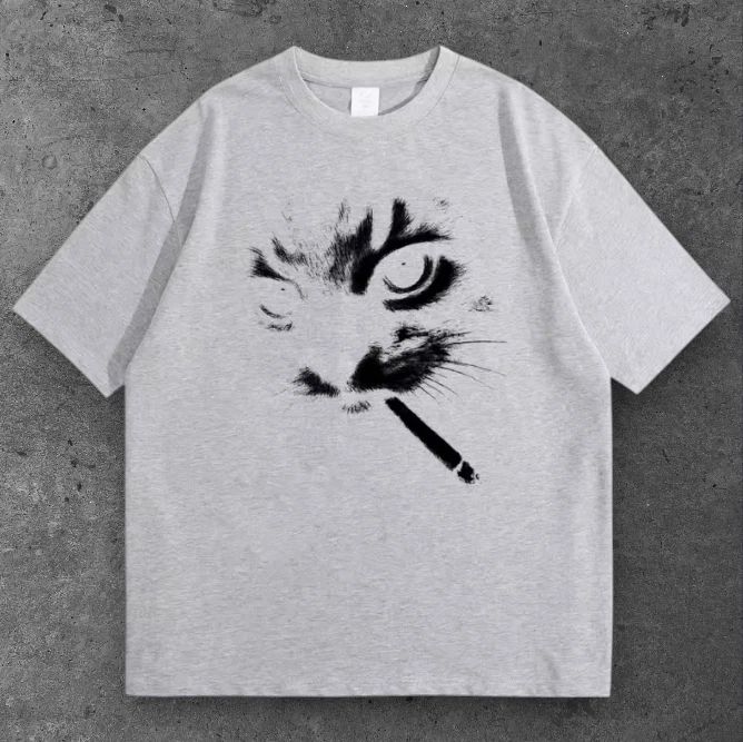 Unisex Smoking Cat Oversized T Shirt Gray Y2K Grunge Streetwear S-2XL Unisex T-shirt, Sweatshirt, Hoodie, Long Sleeve Tee - T-Shirt, Sweatshirt, Hoodie