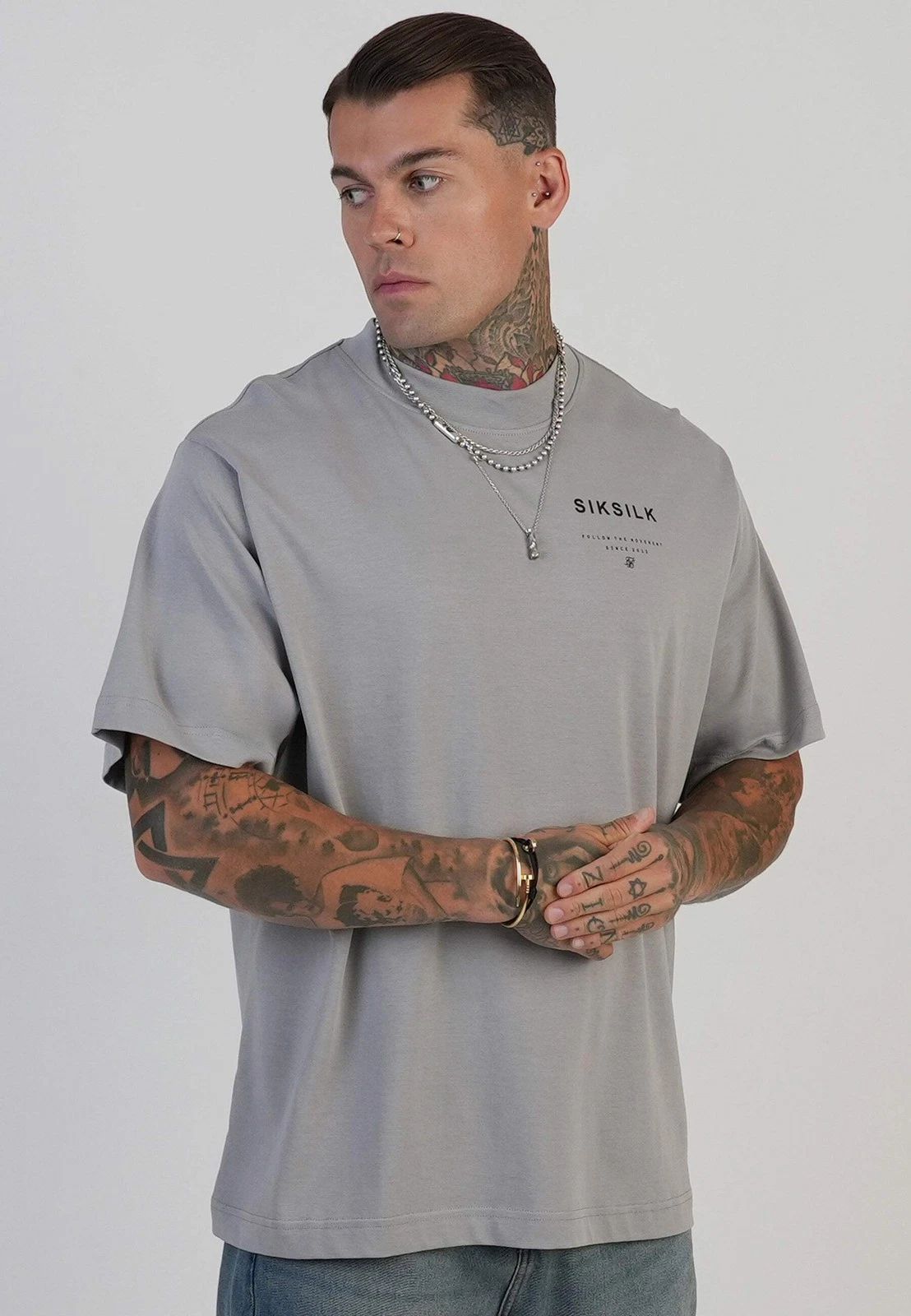 SikSilk Men's Short Sleeved Oversized Fit Crew Neck Graphic T-Shirt Tee Grey Unisex T-shirt, Sweatshirt, Hoodie, Long Sleeve Tee - T-Shirt, Sweatshirt, Hoodie
