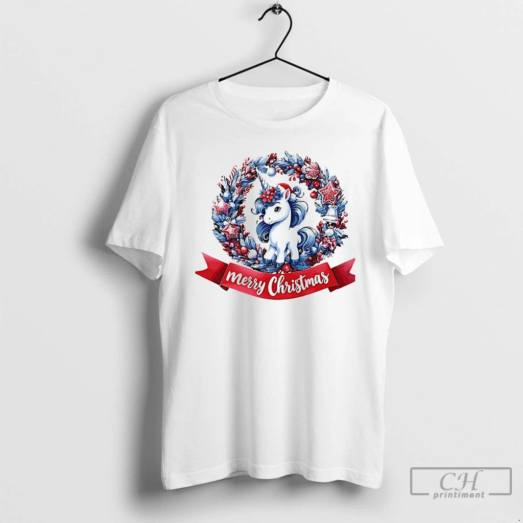 Classic Unicorn Magic Blue Wreath Merry Christmas White T Shirts Unisex T-shirt, Sweatshirt, Hoodie, Long Sleeve Tee - T-Shirt, Sweatshirt, Hoodie