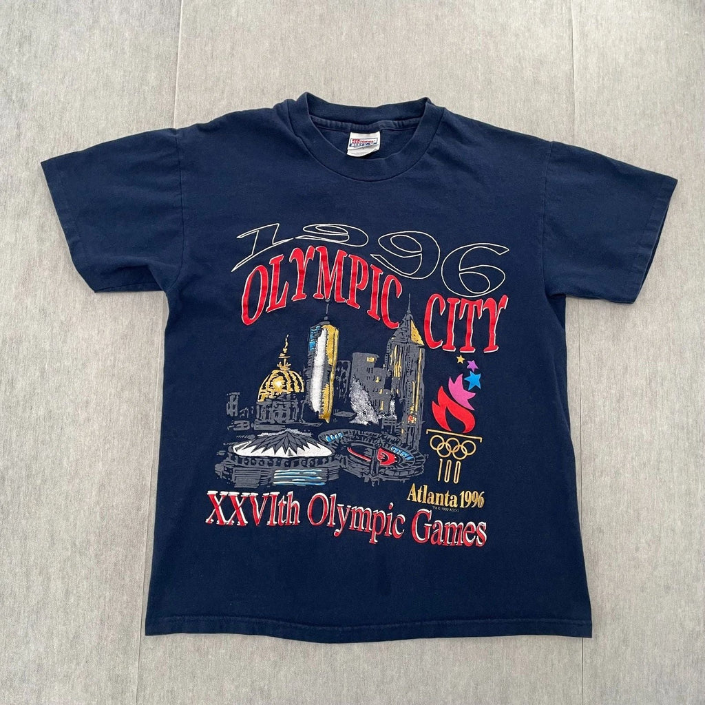 VINTAGE Atlanta Olympics Shirt Adult Medium Blue 1996 Olympic City Logo Mens 90s Unisex T-shirt, Sweatshirt, Hoodie, Long Sleeve Tee - T-Shirt, Sweatshirt, Hoodie
